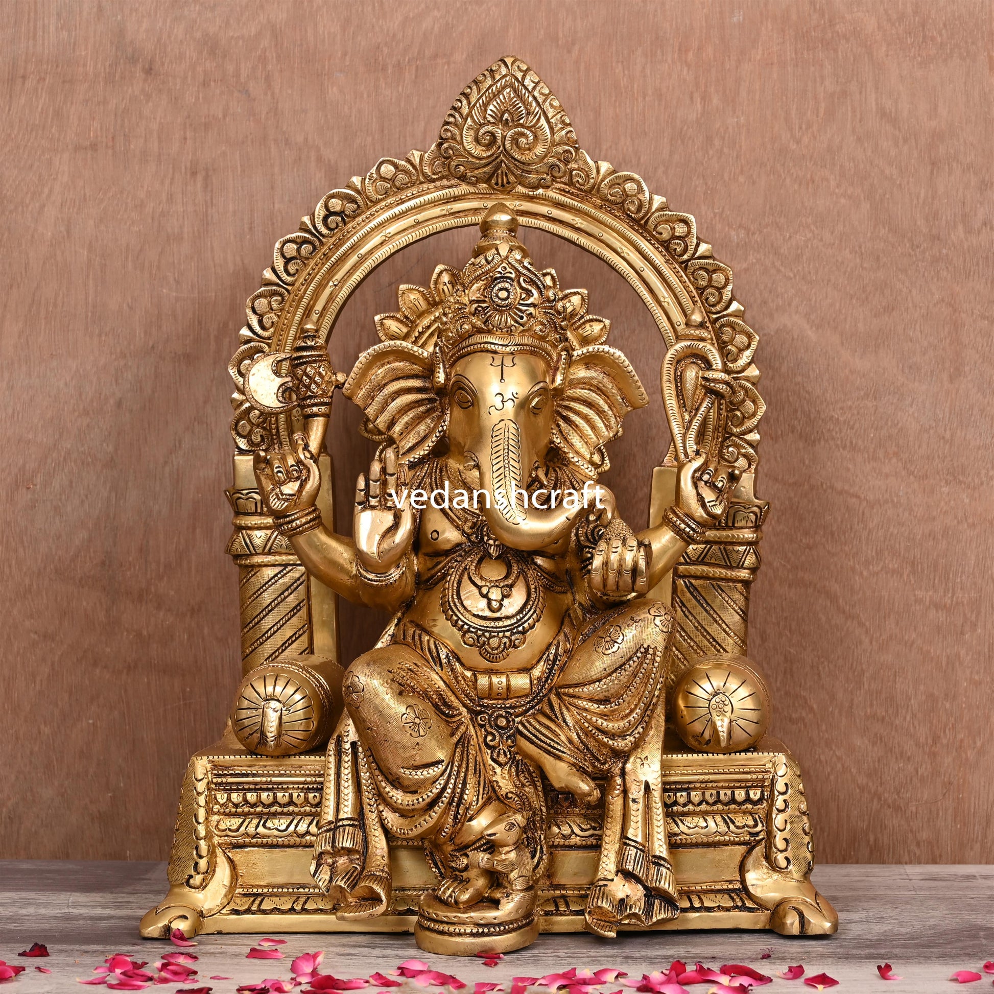 Brass Ganesha On Throne (Singhasan) Idol (16.5")