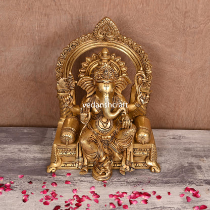 Brass Ganesha On Throne (Singhasan) Idol (16.5")