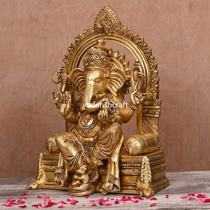 Brass Ganesha On Throne (Singhasan) Idol (16.5")