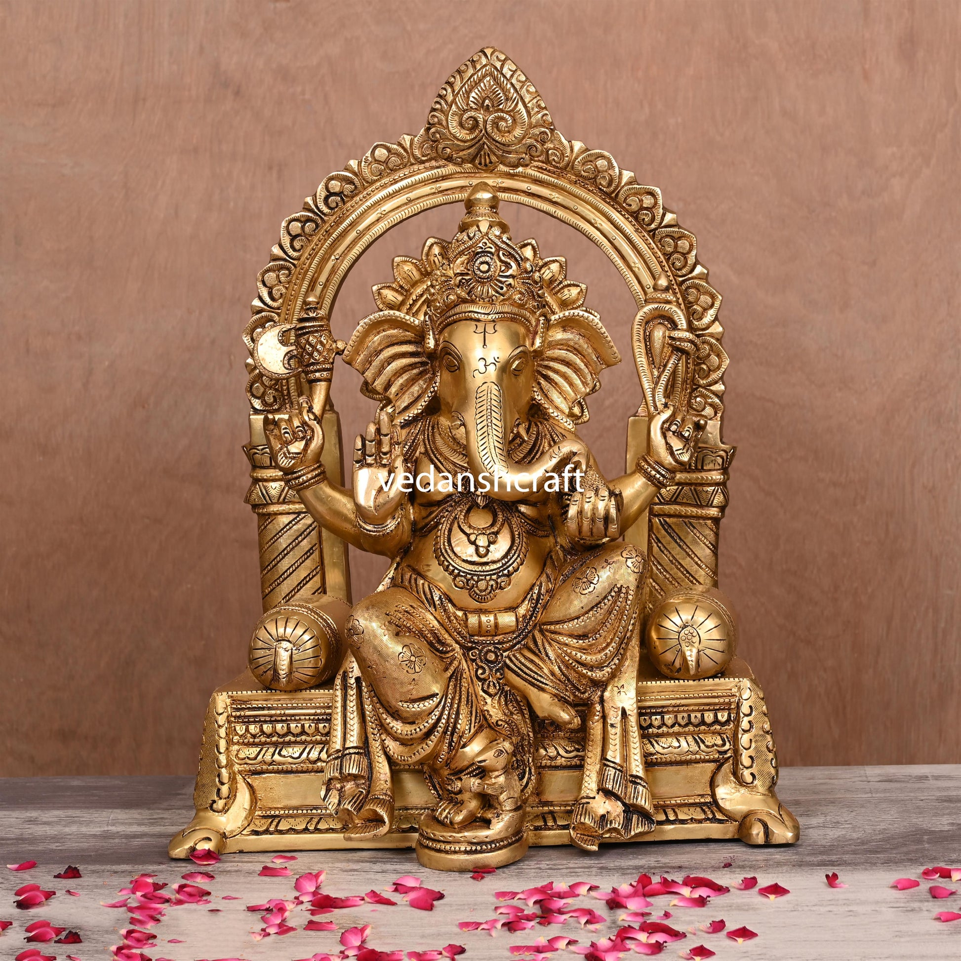 Brass Ganesha On Throne (Singhasan) Idol (16.5")