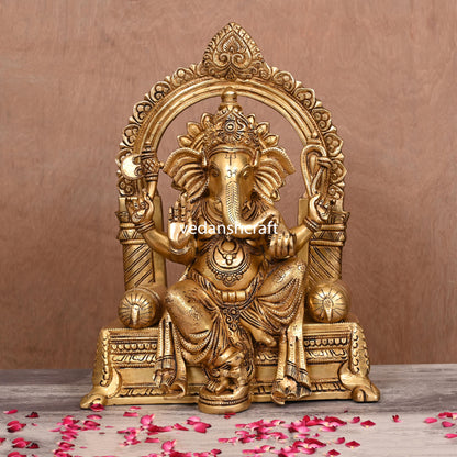 Brass Ganesha On Throne (Singhasan) Idol (16.5")