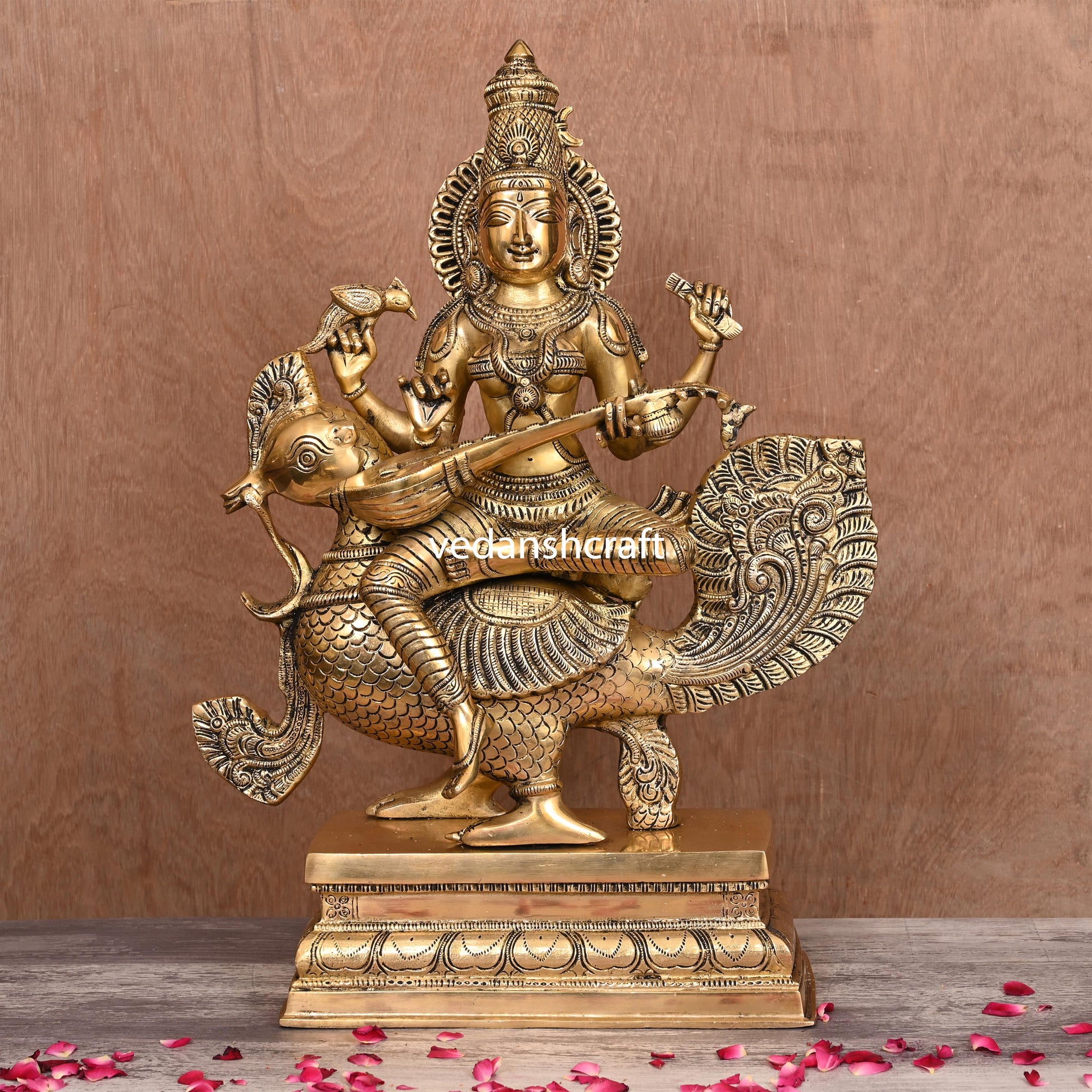 Brass Saraswati Sitting On Swan Figurine (20 Inch)