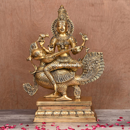 Brass Saraswati Sitting On Swan Figurine (20 Inch)