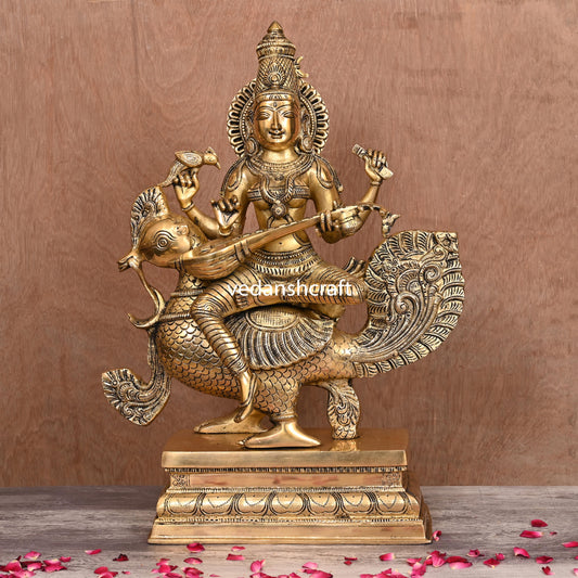 Brass Saraswati Sitting On Swan Figurine (20 Inch)