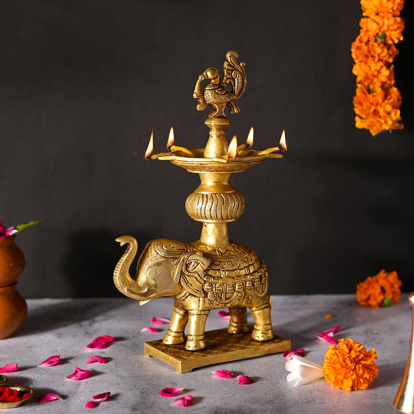 Brass Peacock Diya On Elephant (11.1 Inch)