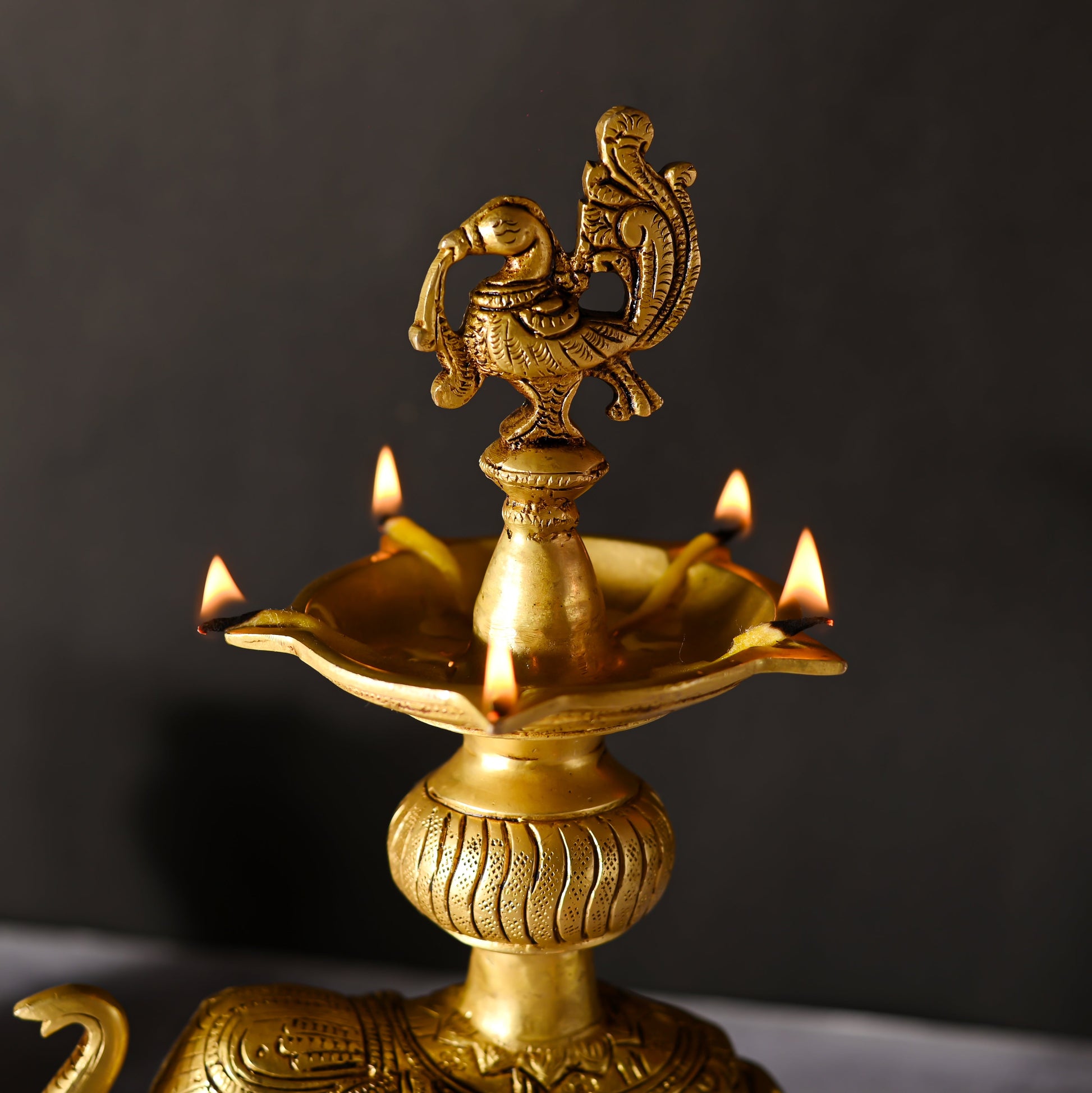 Brass Peacock Diya On Elephant (11.1 Inch)