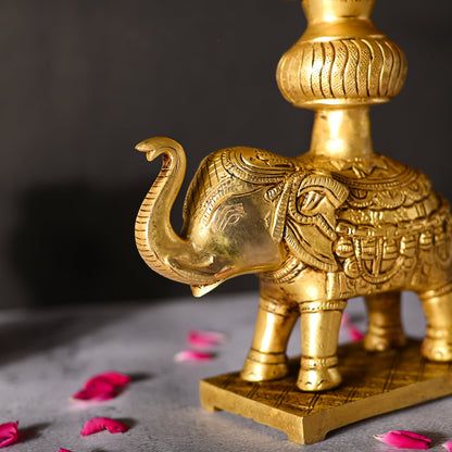 Brass Peacock Diya On Elephant (11.1 Inch)