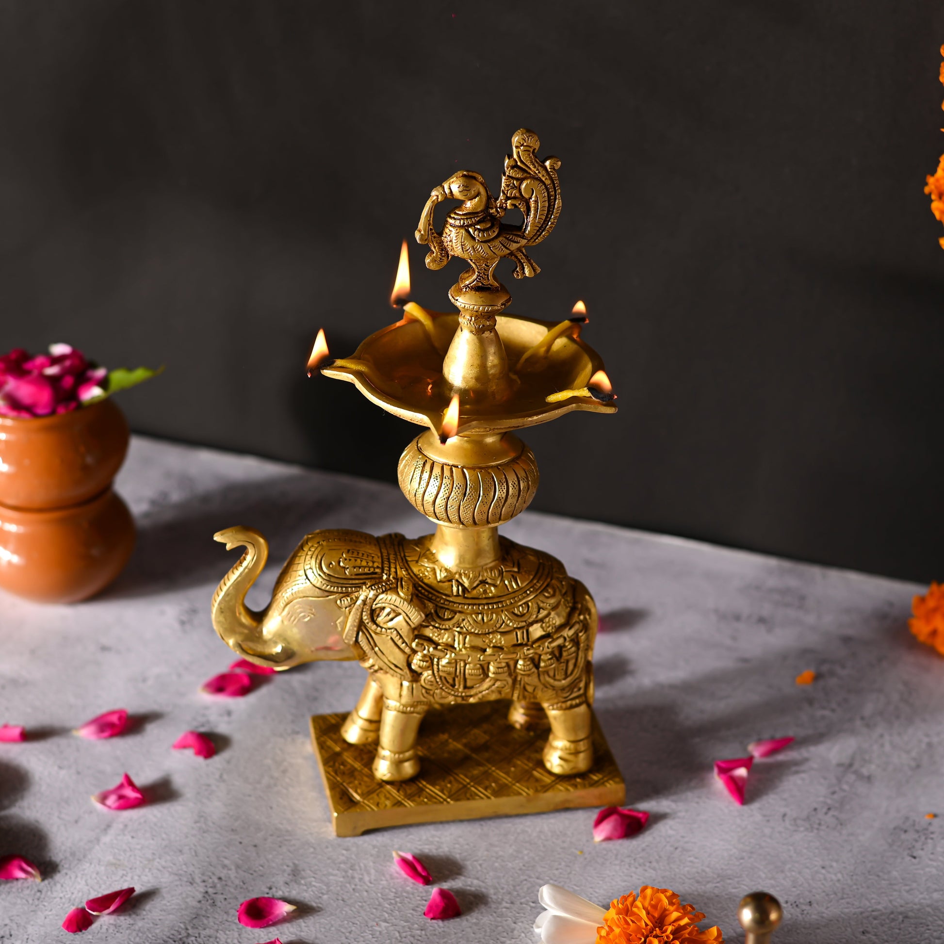 Brass Peacock Diya On Elephant (11.1 Inch)