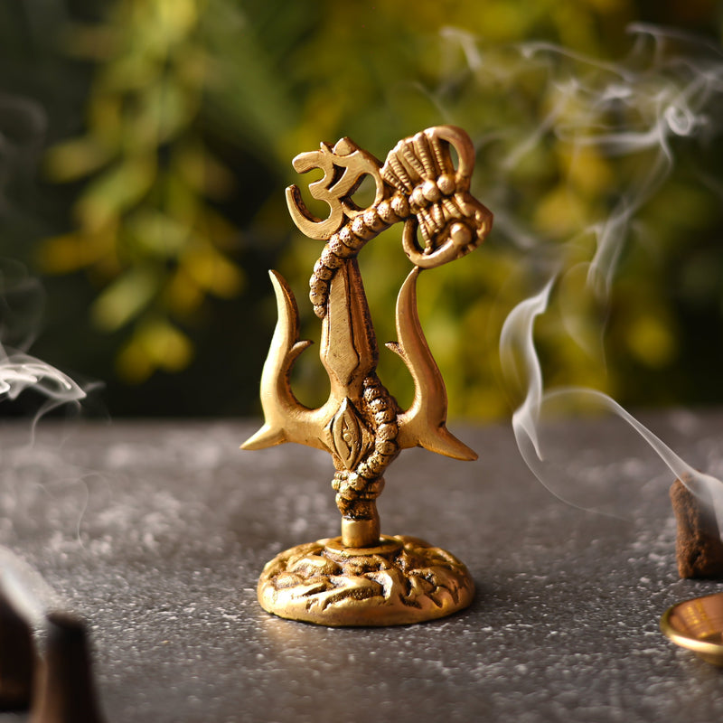 Brass Trishul with Damru & Om (4.8 Inch)