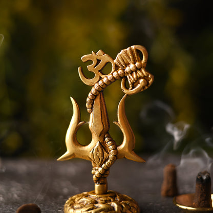 Brass Trishul with Damru & Om (4.8 Inch)