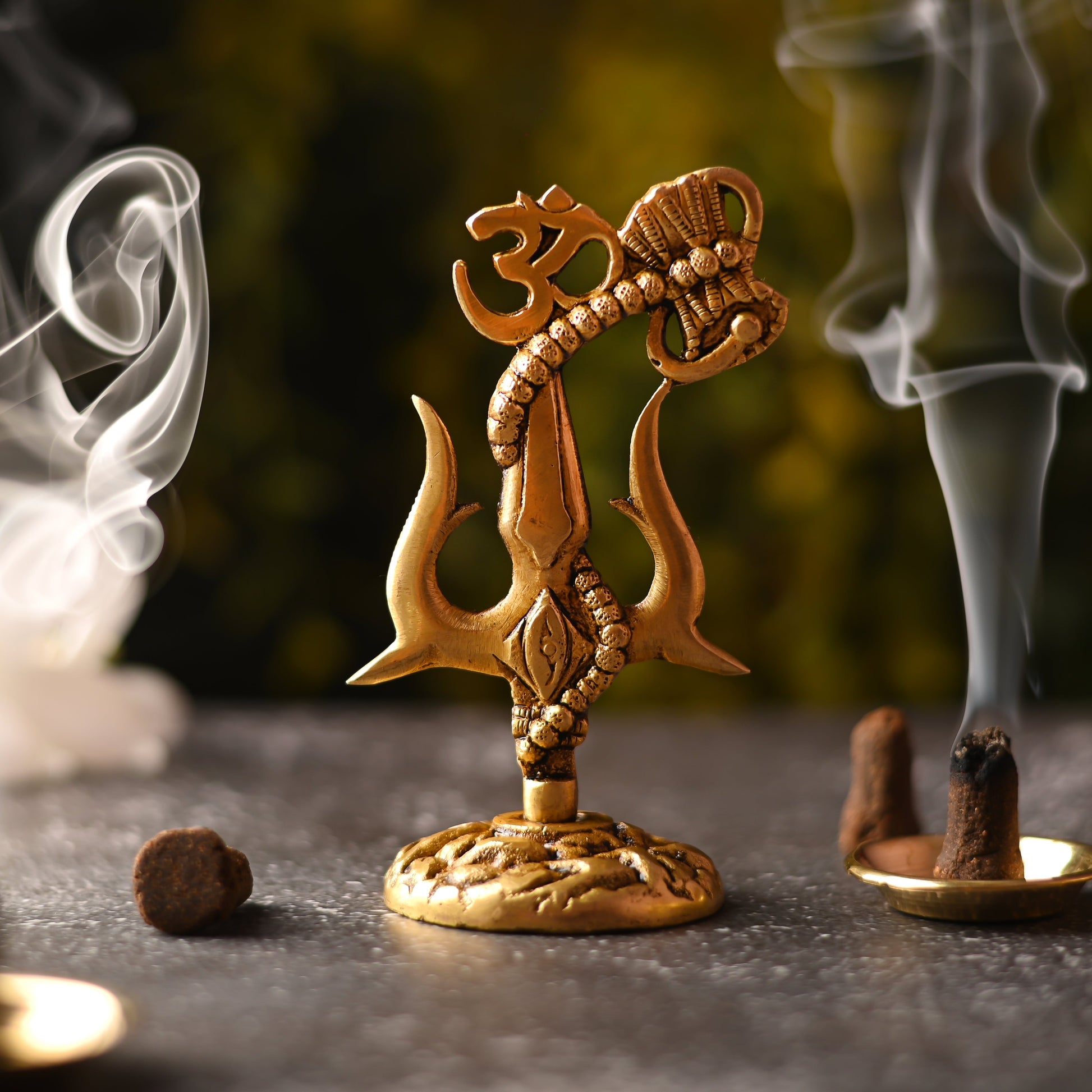 Brass Trishul with Damru & Om (4.8 Inch)