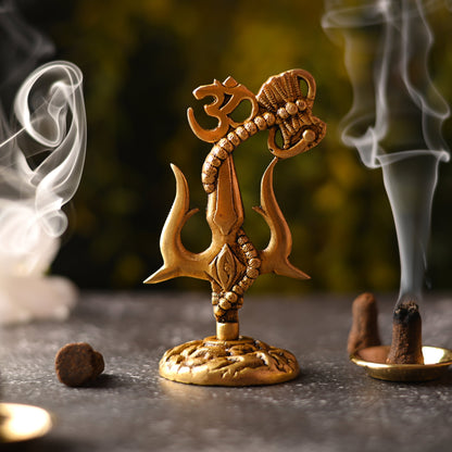 Brass Trishul with Damru & Om (4.8 Inch)