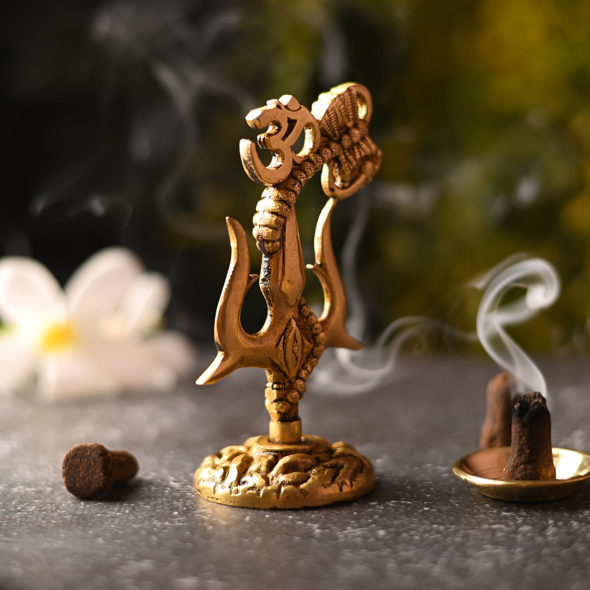 Brass Trishul with Damru & Om (4.8 Inch)