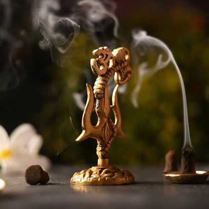 Brass Trishul with Damru & Om (4.8 Inch)