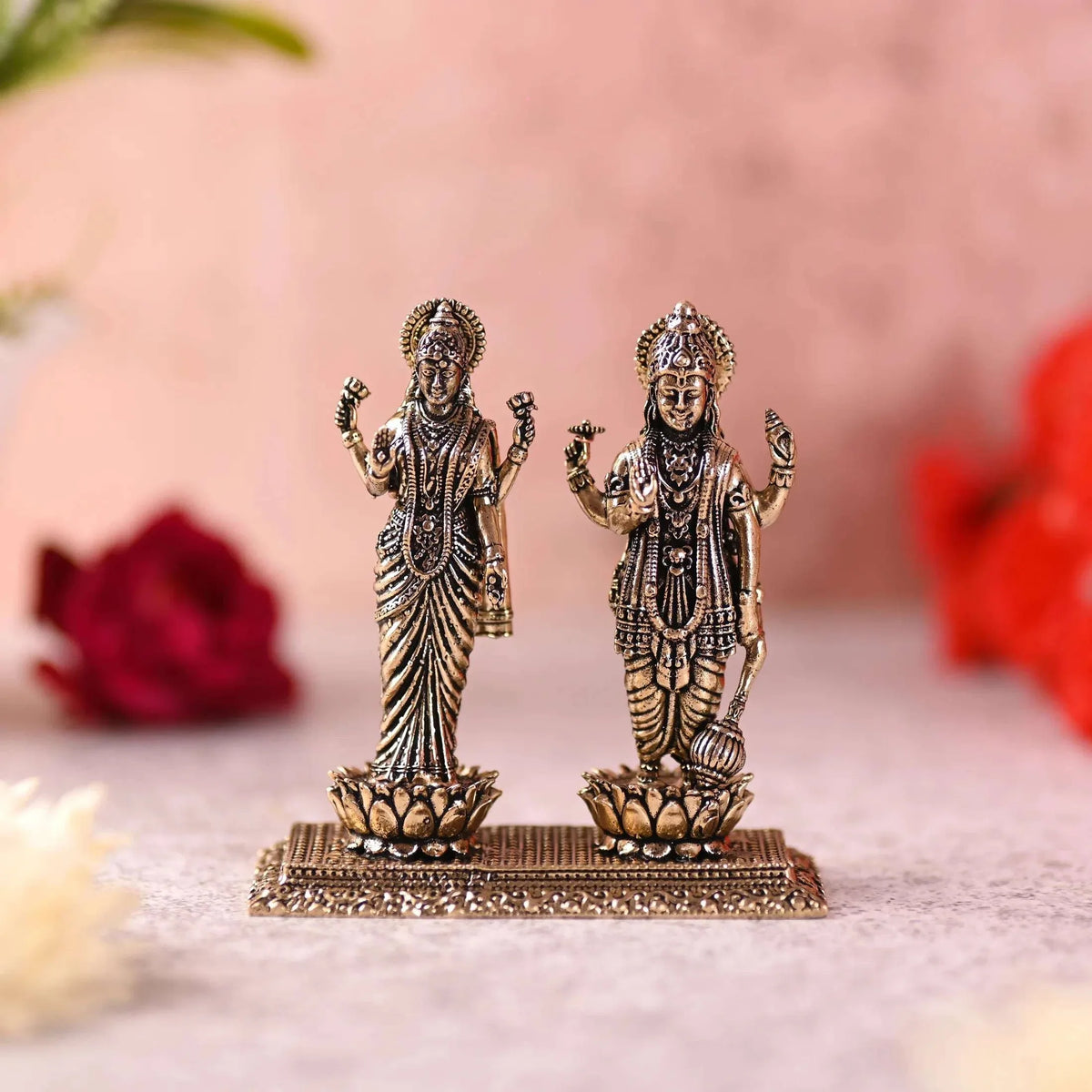 Brass Lord Vishnu And Lakshmi Standing Lightweight Idol (3.2 Inch)