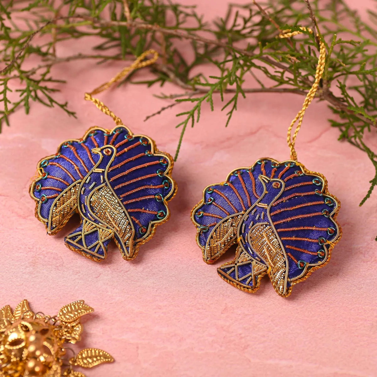 Embroidered Peacock Christmas Tree Hanging Pair (3 Inch)