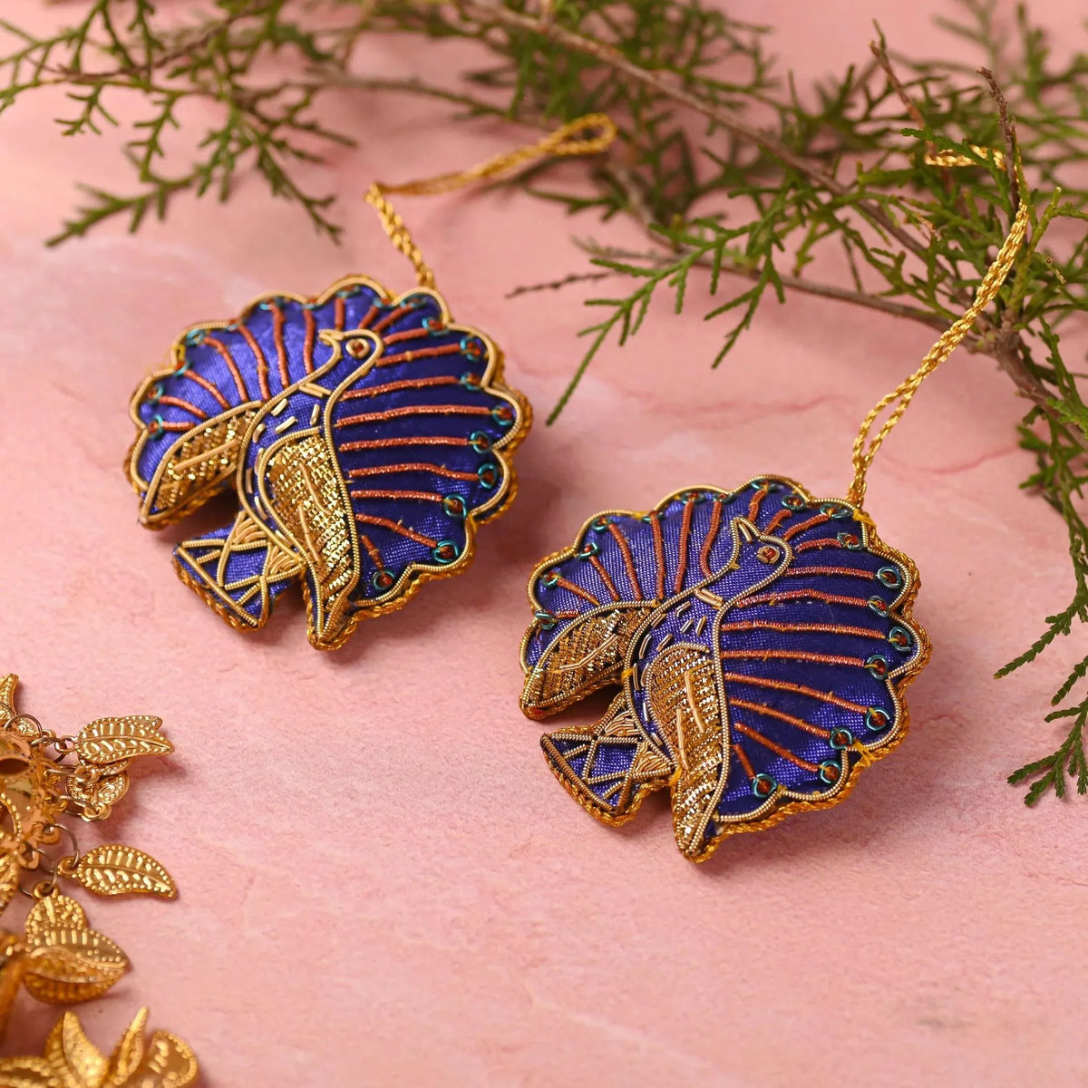 Embroidered Peacock Christmas Tree Hanging Pair (3 Inch)