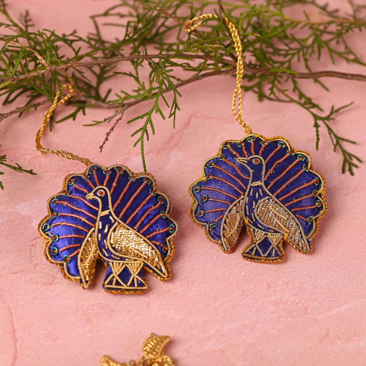 Embroidered Peacock Christmas Tree Hanging Pair (3 Inch)