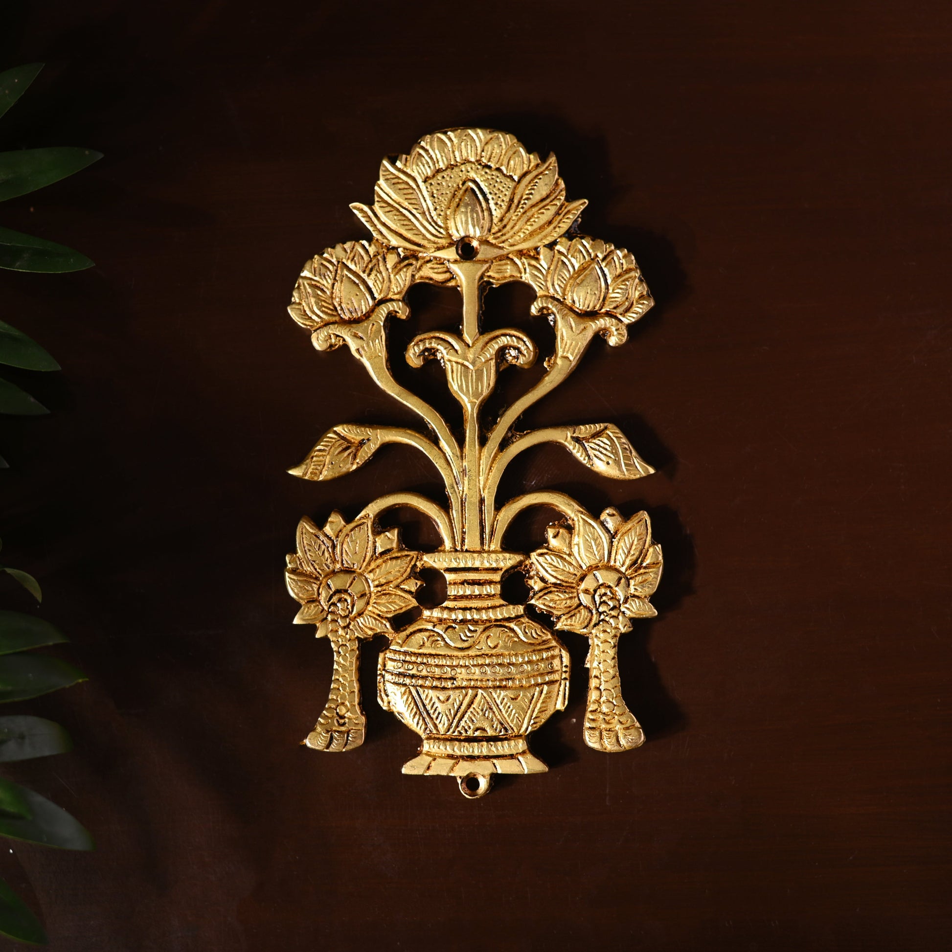 Brass Peacock & Lotus Kalash Wall Hanging Set (7.2 Inch)