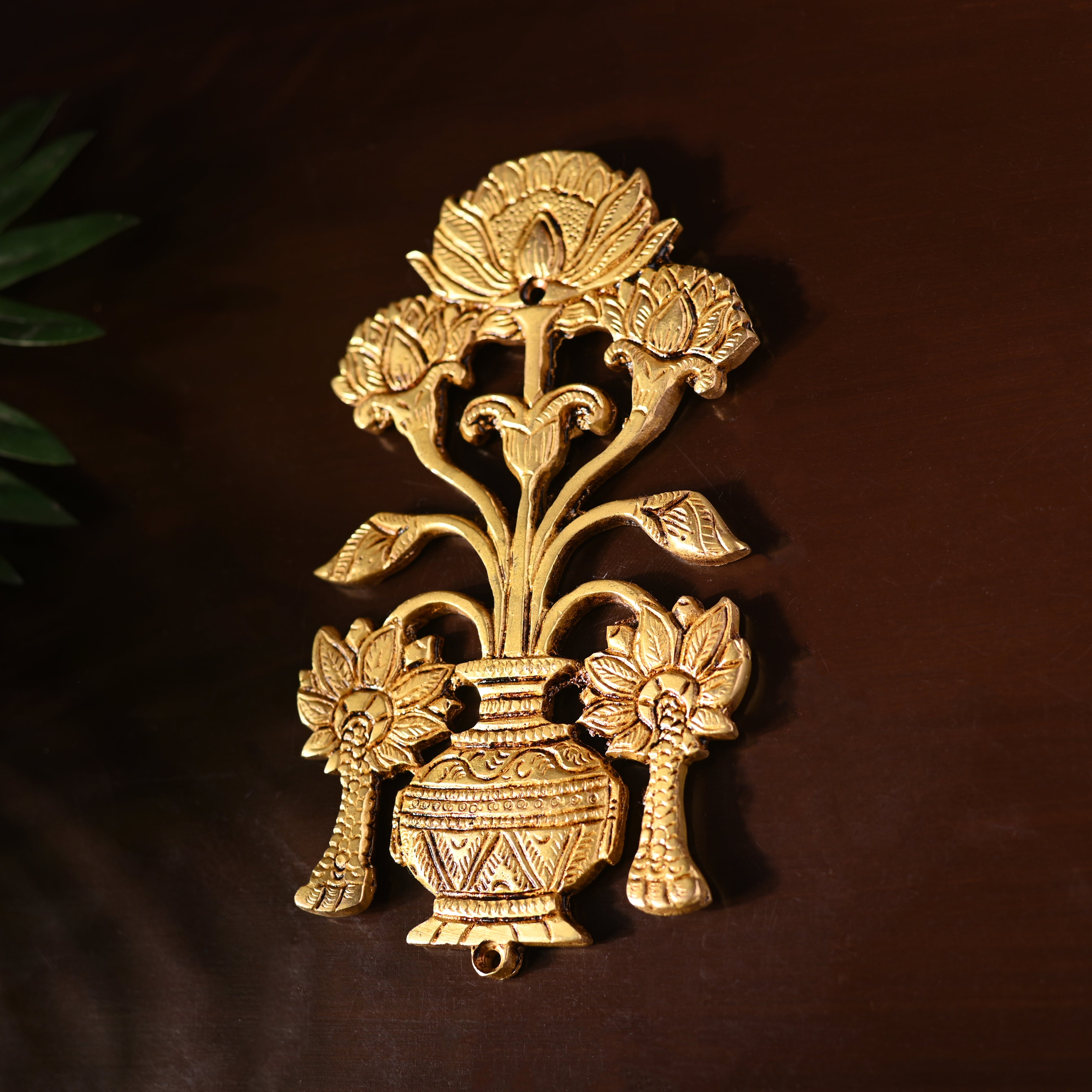Brass Peacock & Lotus Kalash Wall Hanging Set (7.2 Inch)