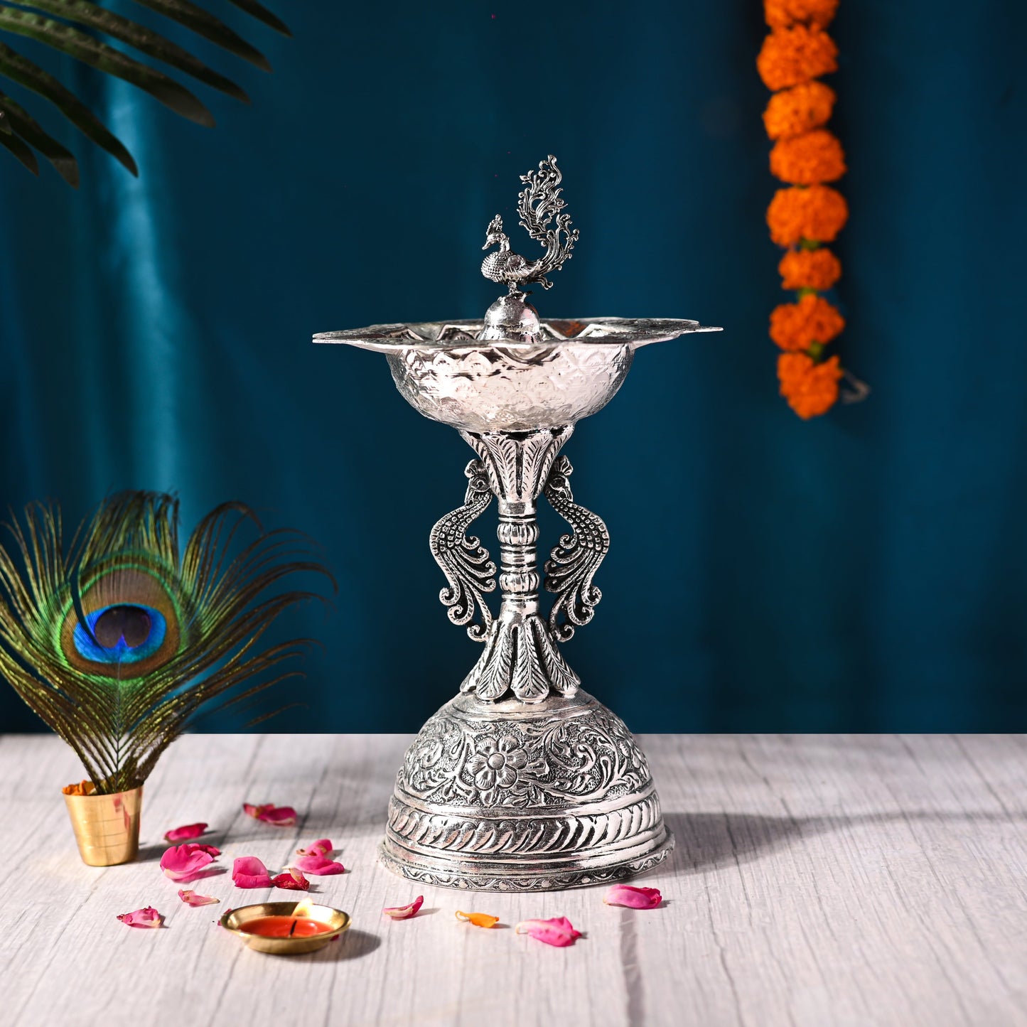 Silver plated Brass Peacock Five Patel Diya (10.5 INCH)