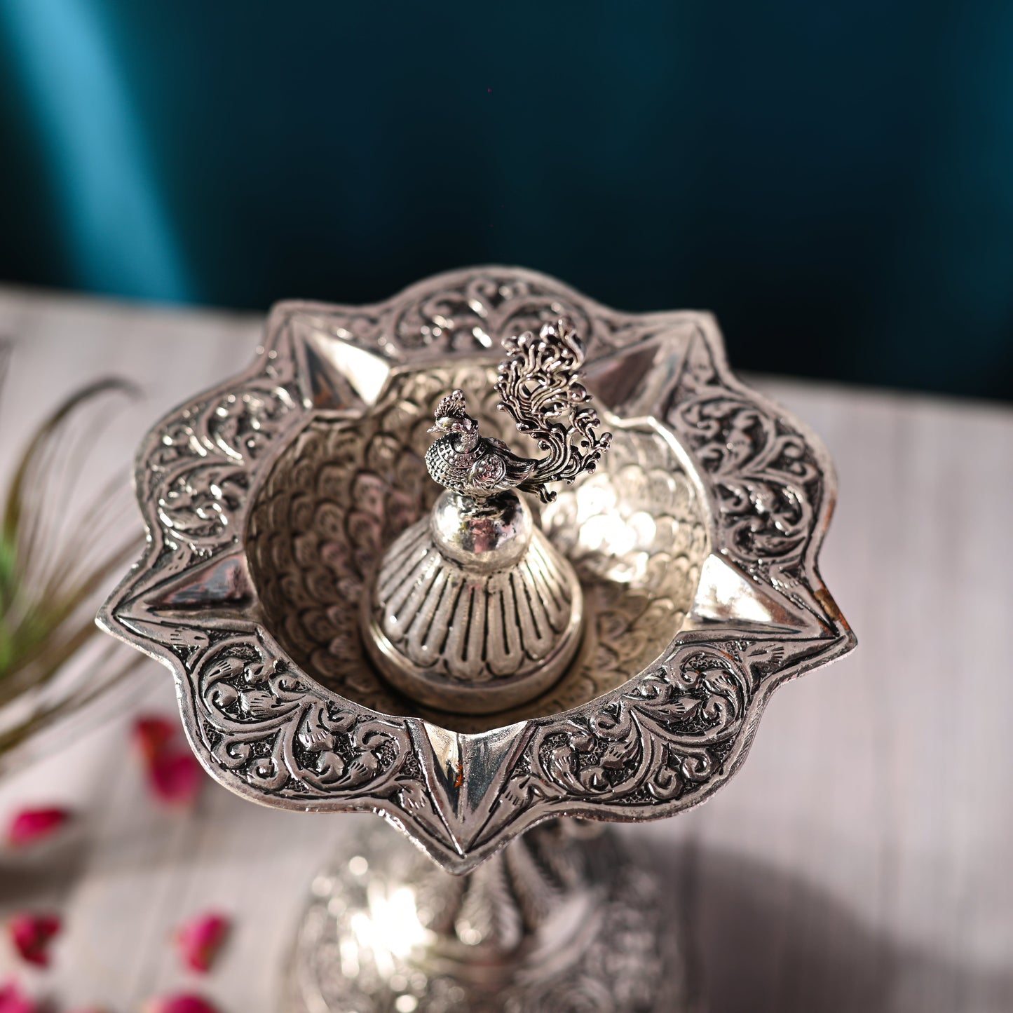 Silver plated Brass Peacock Five Patel Diya (10.5 INCH)