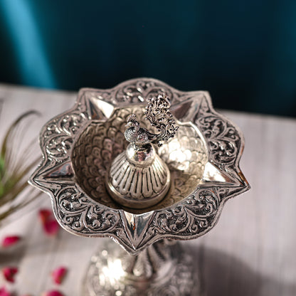 Silver plated Brass Peacock Five Patel Diya (10.5 INCH)