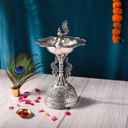 Silver plated Brass Peacock Five Patel Diya (10.5 INCH)
