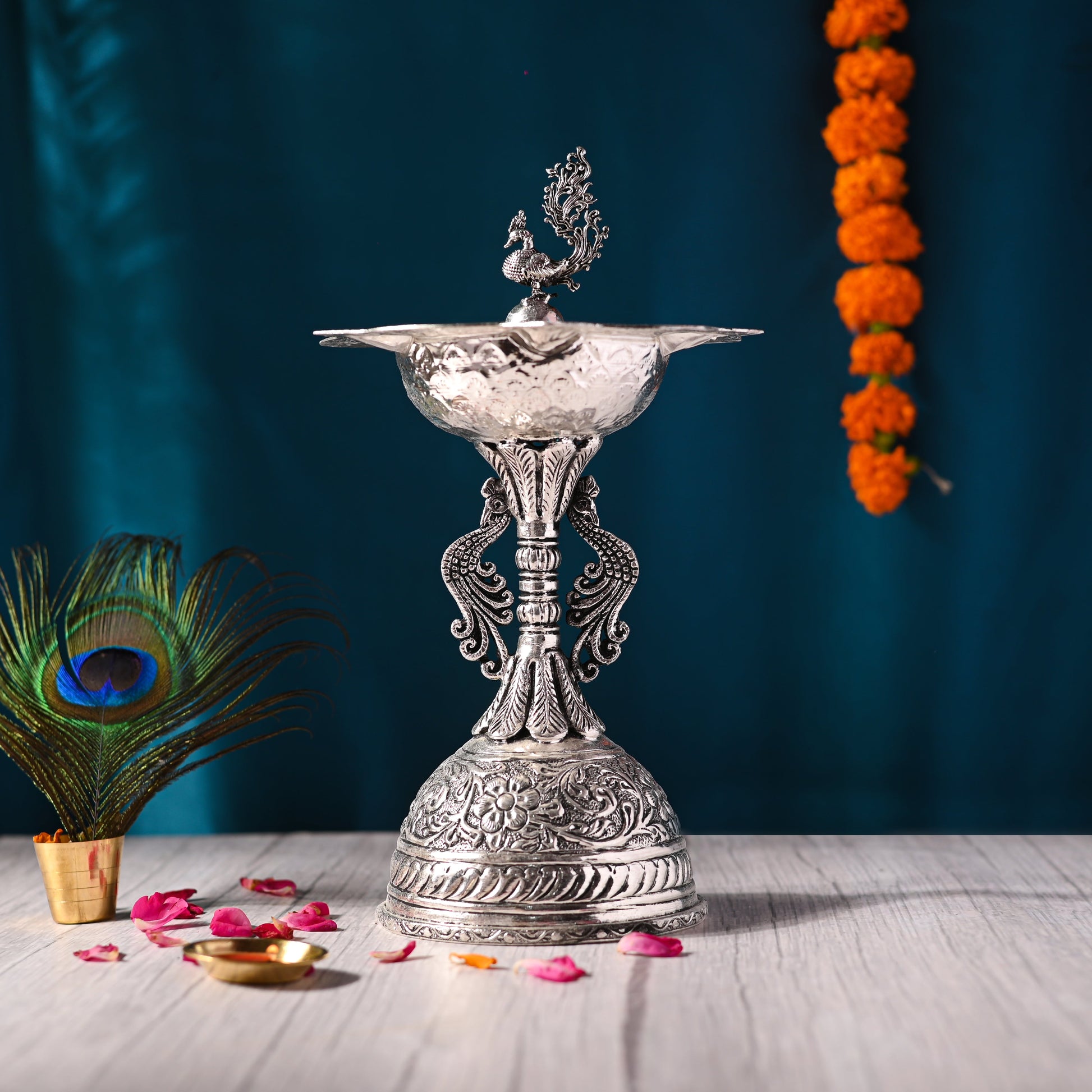 Silver plated Brass Peacock Five Patel Diya (10.5 INCH)