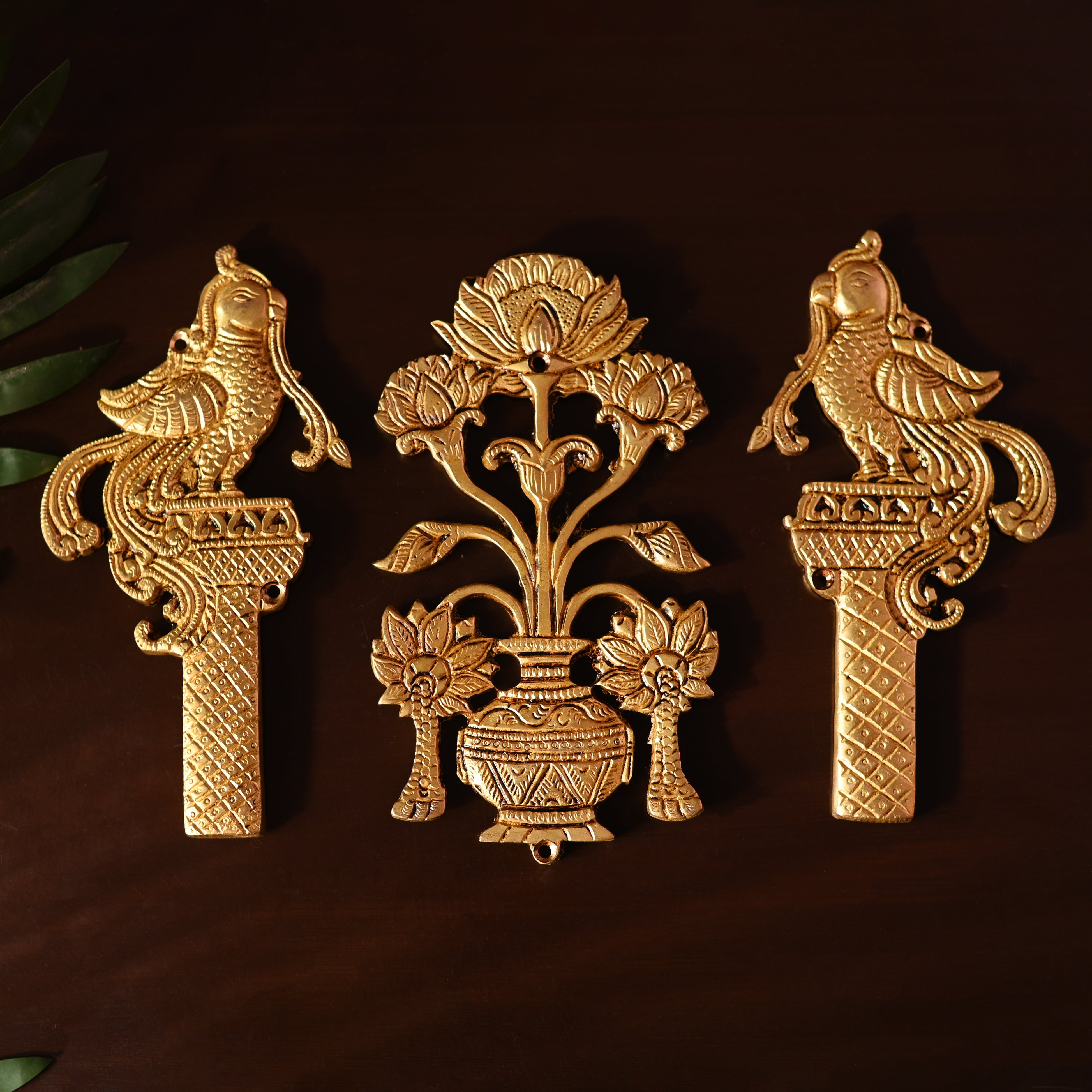Brass Peacock & Lotus Kalash Wall Hanging Set (7.2 Inch)
