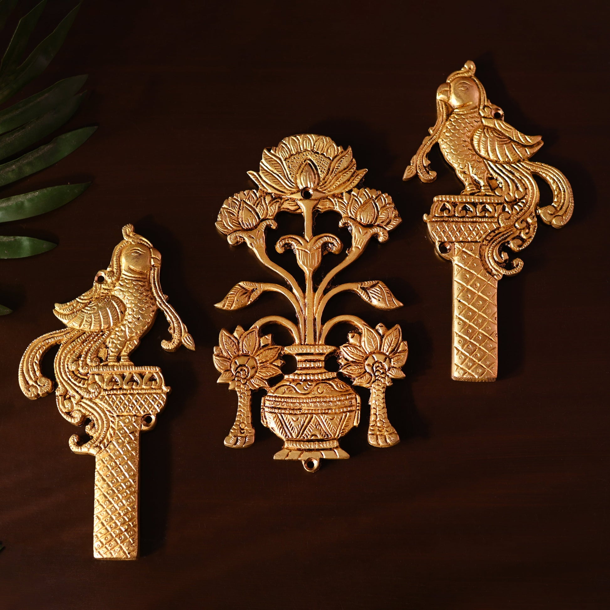 Brass Peacock & Lotus Kalash Wall Hanging Set (7.2 Inch)