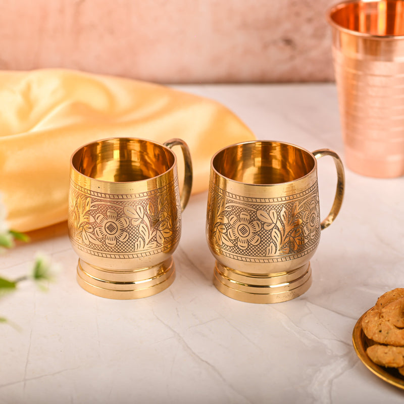 Brass Handcrafted Design Cup Pair with Handle – Premium Brassware (3.2 Inch)