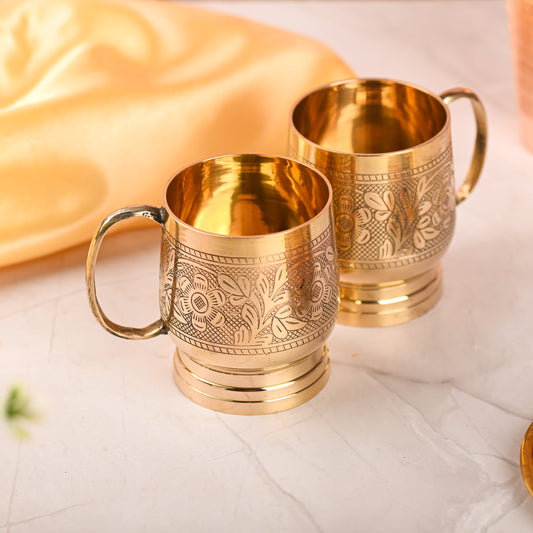 Brass Handcrafted Design Cup Pair with Handle – Premium Brassware (3.2 Inch)