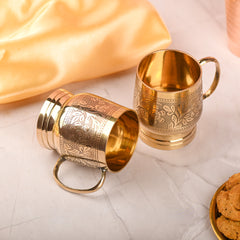 Brass Handcrafted Design Cup Pair with Handle – Premium Brassware (3.2 Inch)