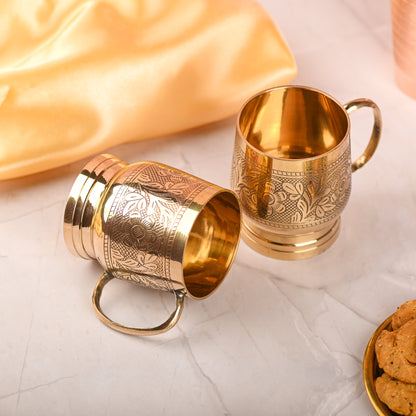 Brass Handcrafted Design Cup Pair with Handle – Premium Brassware (3.2 Inch)