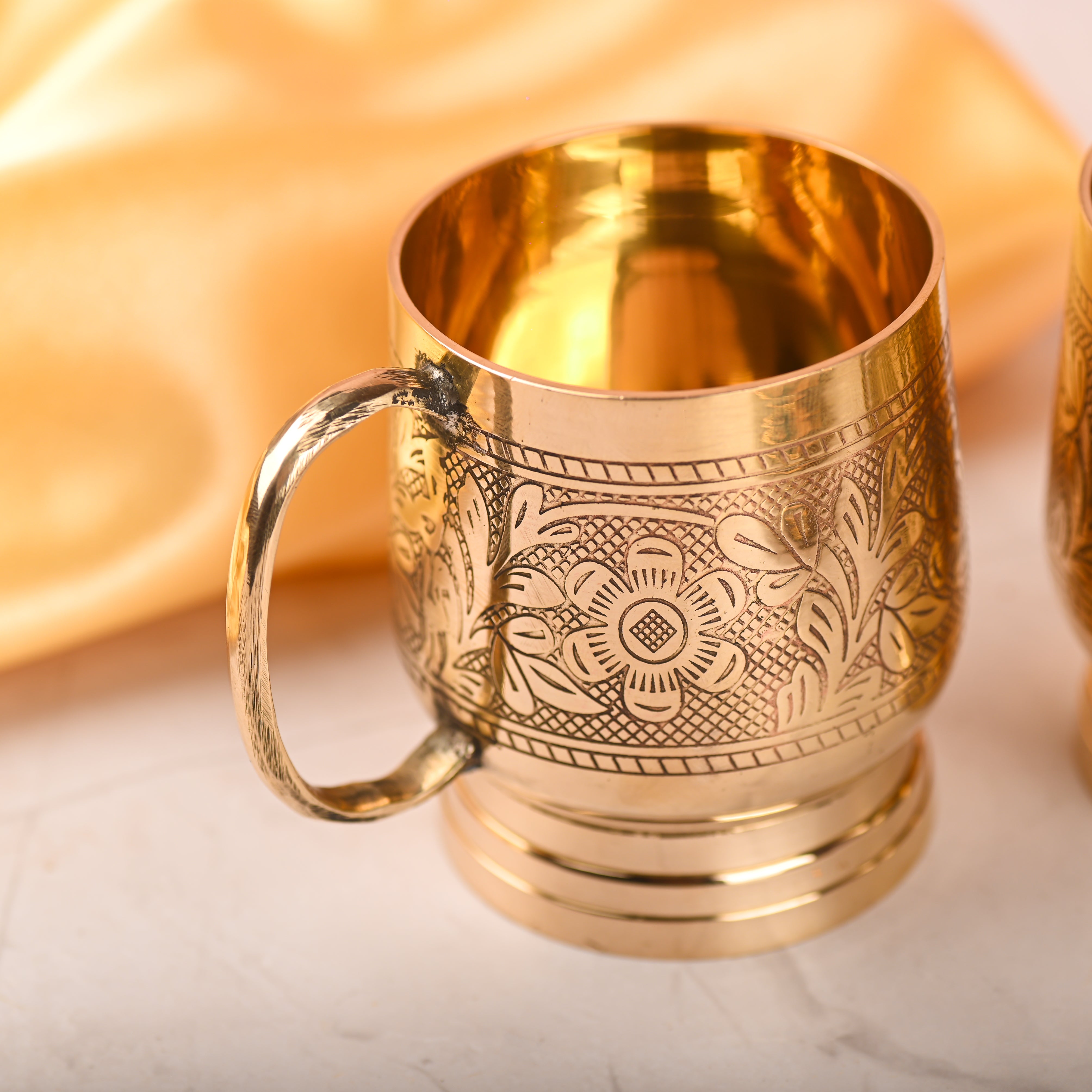 Brass Handcrafted Design Cup Pair with Handle – Premium Brassware (3.2 Inch)