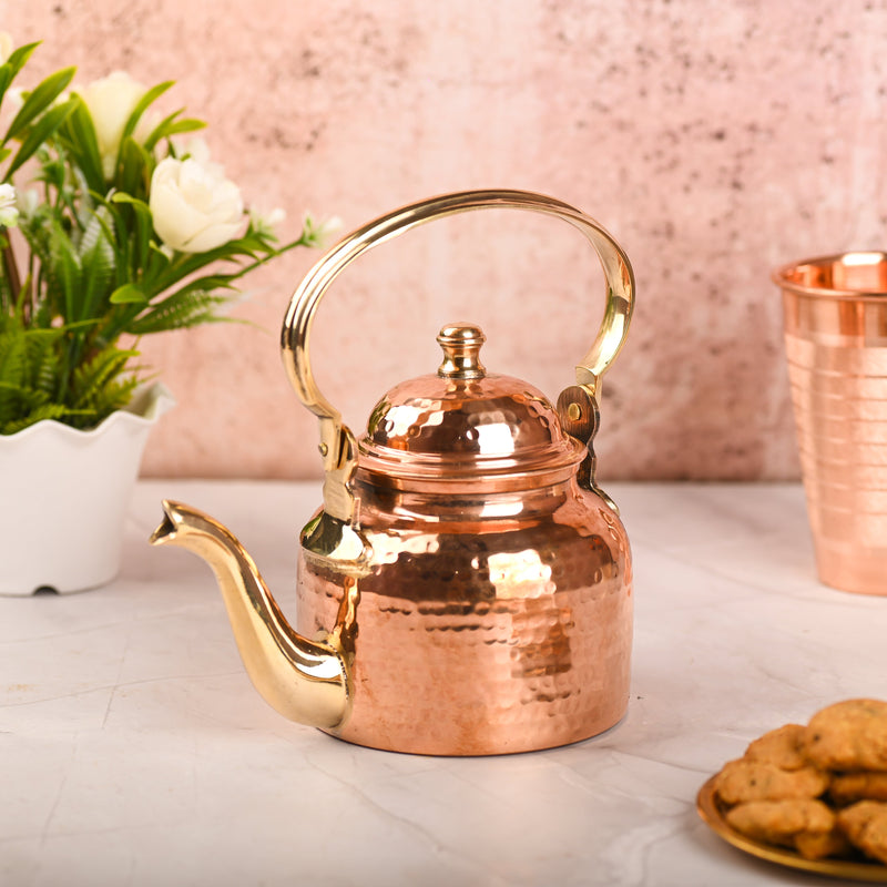Copper Hammered Tea Kettle Pot – Traditional Indian Drinkware (5.4 Inch)