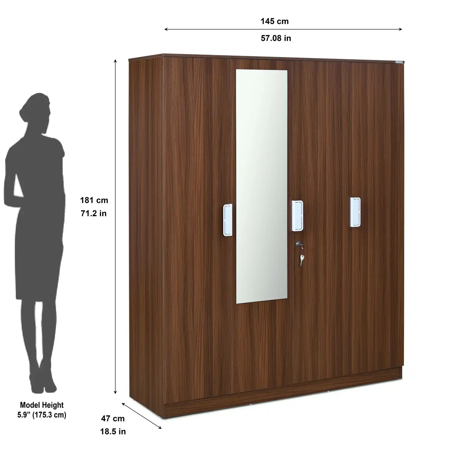 Nilkamal Joyce 4 Door Wardrobe With Mirror (Classic Walnut)