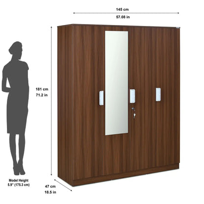 Nilkamal Joyce 4 Door Wardrobe With Mirror (Classic Walnut)