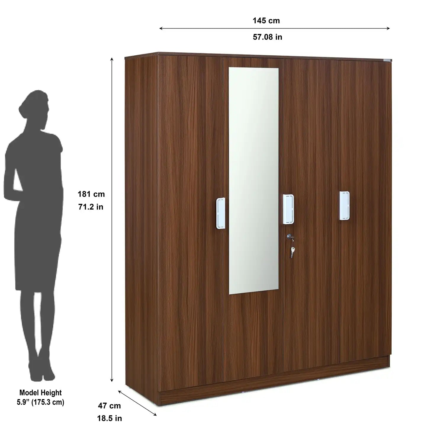 Nilkamal Joyce 4 Door Wardrobe With Mirror (Classic Walnut)