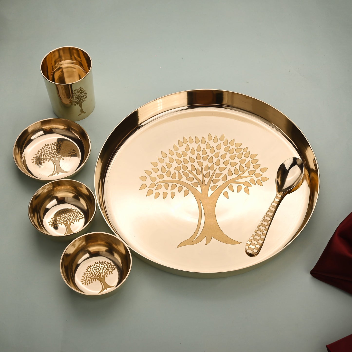 Kansa Thali/Dinner Set with Tree Design – Traditional Brassware (1.58 Kg)