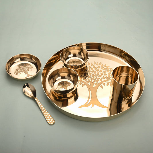 Kansa Thali/Dinner Set with Tree Design – Traditional Brassware (1.58 Kg)