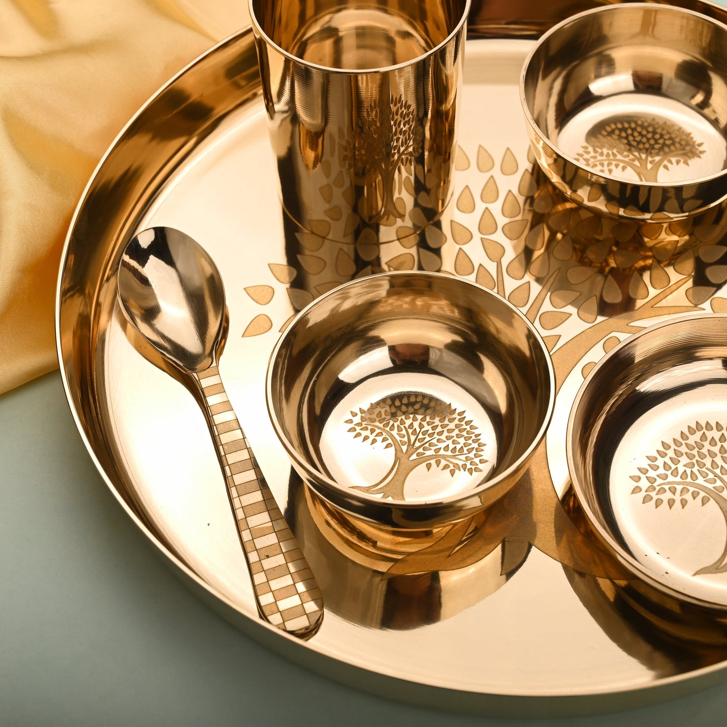 Kansa Thali/Dinner Set with Tree Design – Traditional Brassware (1.58 Kg)