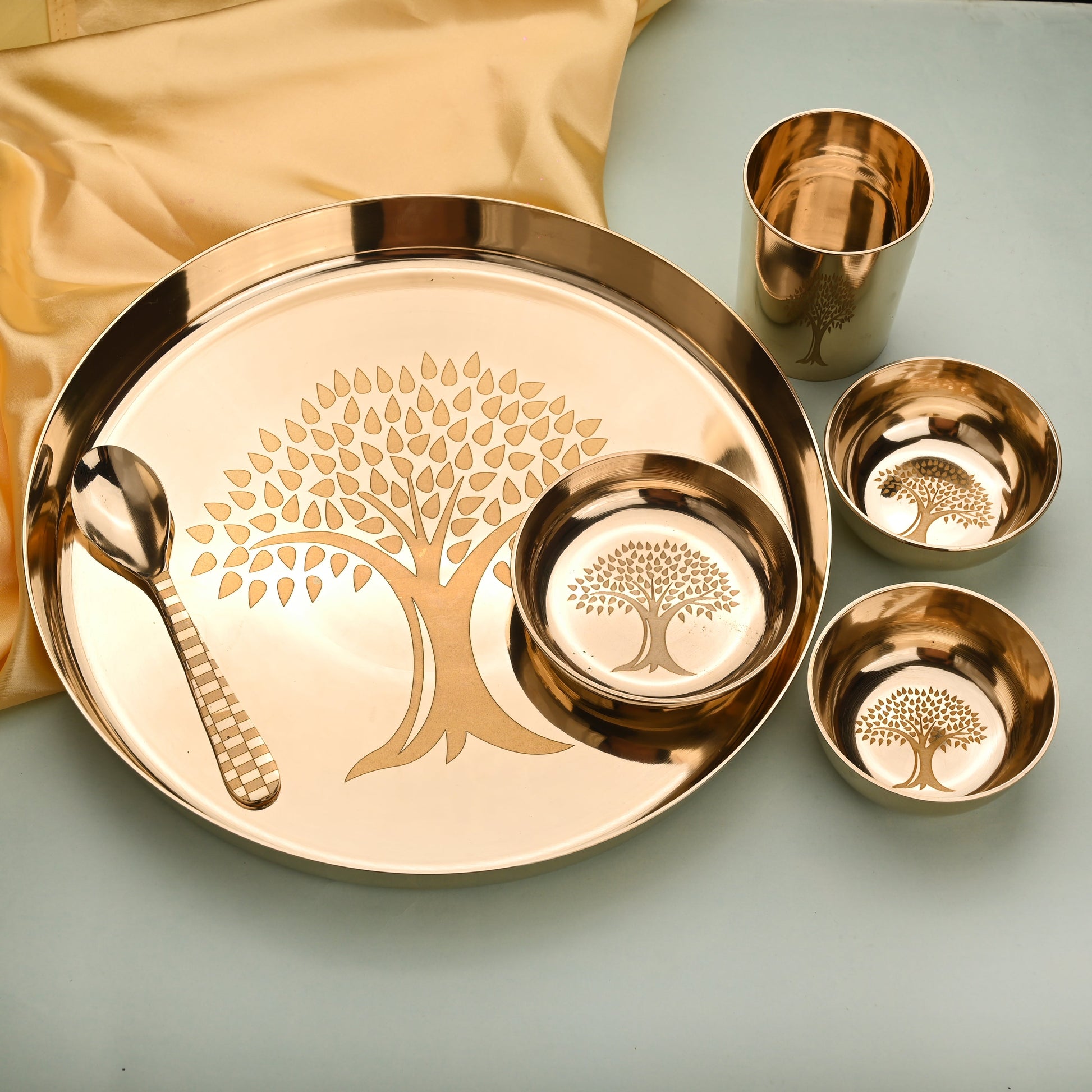 Kansa Thali/Dinner Set with Tree Design – Traditional Brassware (1.58 Kg)