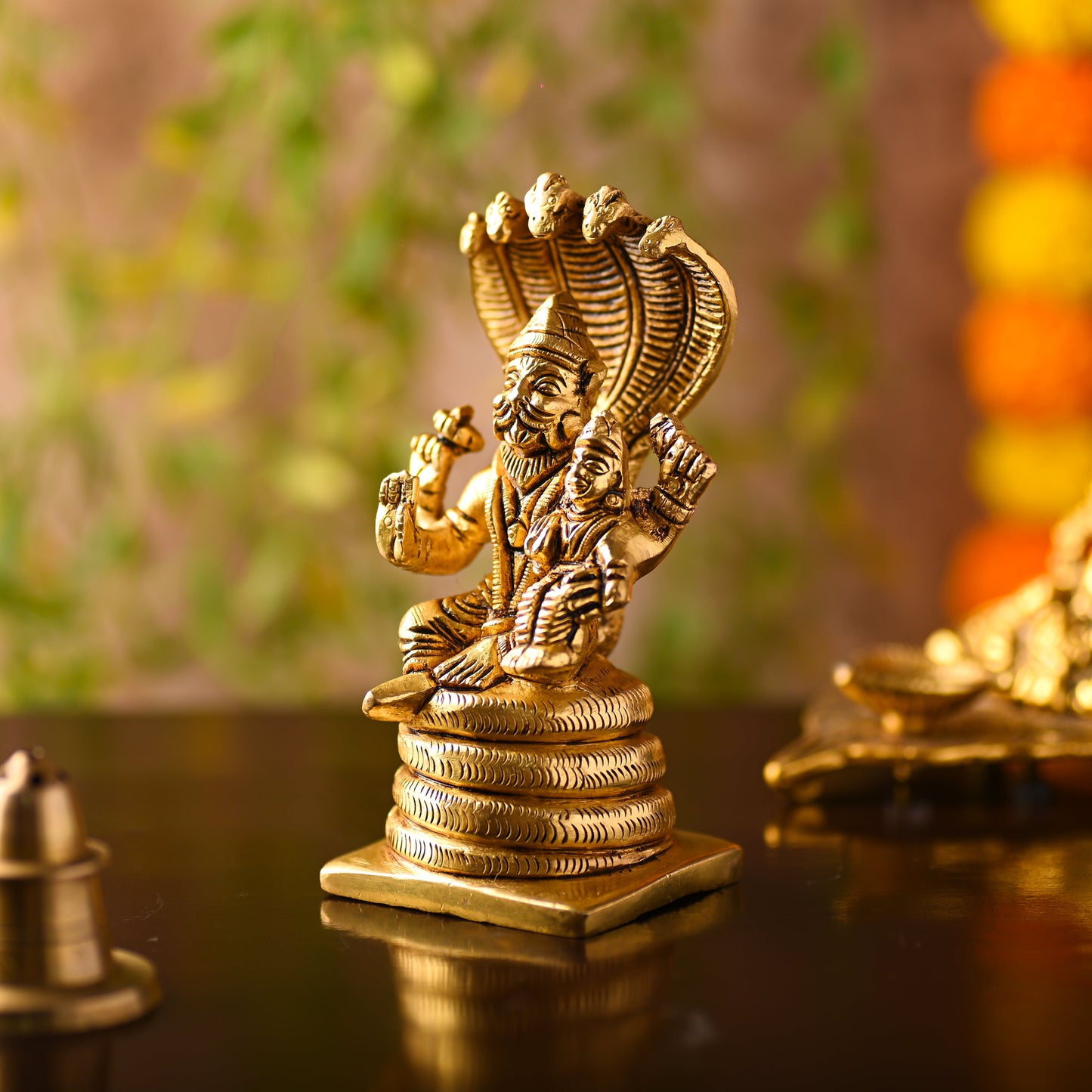 Brass Narasimbha Idol Sitting on Sheshnag – Handmade Brass Decor (5 Inch)