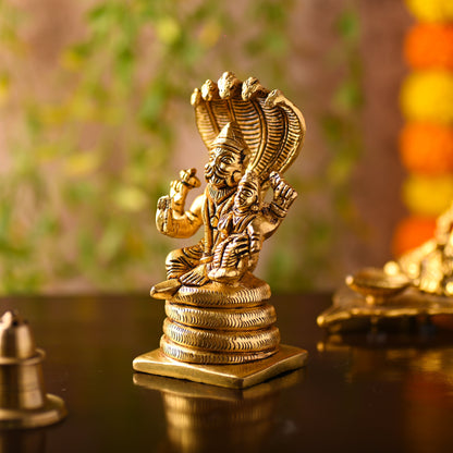 Brass Narasimbha Idol Sitting on Sheshnag – Handmade Brass Decor (5 Inch)