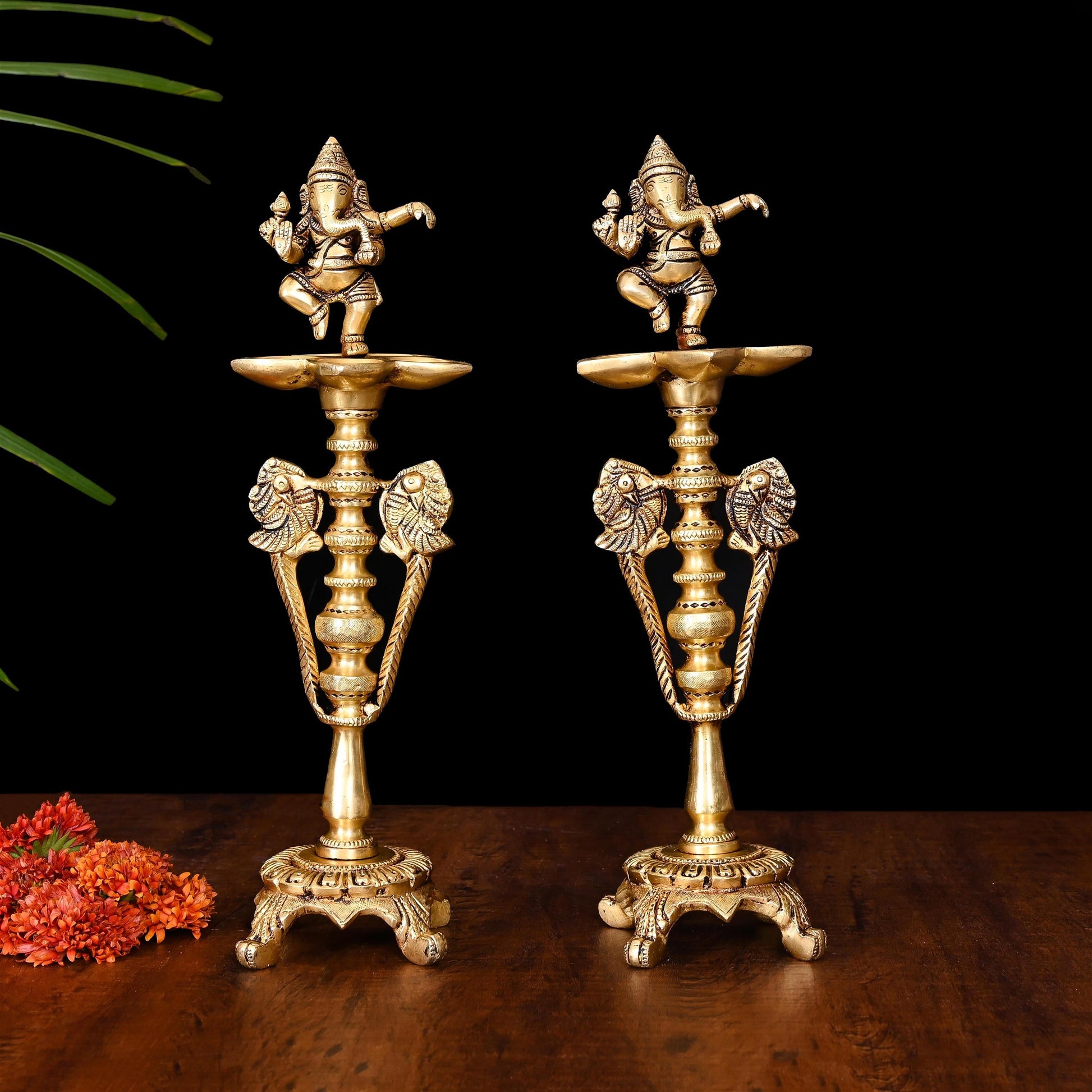 Brass Dancing Ganesha Five Petal Lamp Pair (12 Inch)