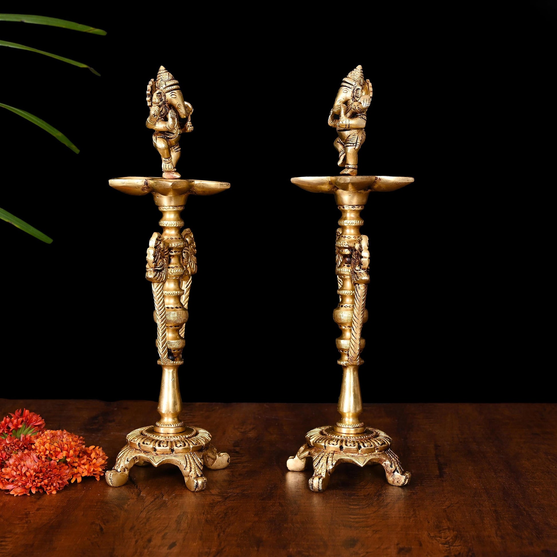 Brass Dancing Ganesha Five Petal Lamp Pair (12 Inch)