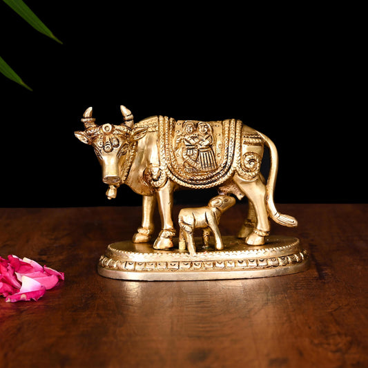 Brass Kamdhenu Cow With Calf Idol (3.5 Inch)