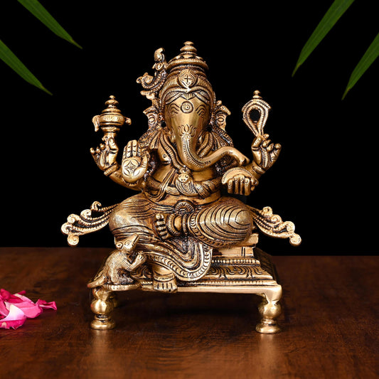 Brass Superfine Chowki Ganesha Idol (6.5 Inch)